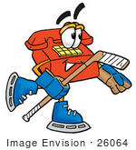 #26064 Clip Art Graphic Of A Red Landline Telephone Cartoon Character Playing Ice Hockey