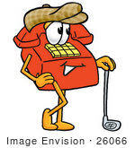 #26066 Clip Art Graphic Of A Red Landline Telephone Cartoon Character Leaning On A Golf Club While Golfing