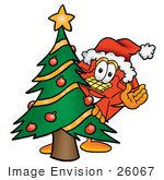 #26067 Clip Art Graphic Of A Red Landline Telephone Cartoon Character Waving And Standing By A Decorated Christmas Tree