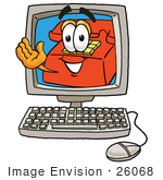 #26068 Clip Art Graphic Of A Red Landline Telephone Cartoon Character Waving From Inside A Computer Screen