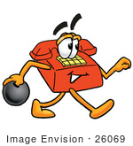 #26069 Clip Art Graphic Of A Red Landline Telephone Cartoon Character Holding A Bowling Ball