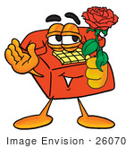 #26070 Clip Art Graphic Of A Red Landline Telephone Cartoon Character Holding A Red Rose On Valentines Day