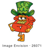 #26071 Clip Art Graphic Of A Red Landline Telephone Cartoon Character Wearing A Saint Patricks Day Hat With A Clover On It