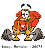 #26073 Clip Art Graphic Of A Red Landline Telephone Cartoon Character Lifting A Heavy Barbell