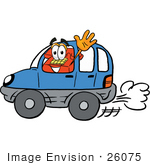 #26075 Clip Art Graphic Of A Red Landline Telephone Cartoon Character Driving A Blue Car And Waving
