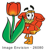#26080 Clip Art Graphic Of A Red Landline Telephone Cartoon Character With A Red Tulip Flower In The Spring