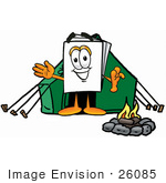 #26085 Clip Art Graphic Of A White Copy And Print Paper Cartoon Character Camping With A Tent And Fire