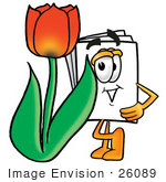 #26089 Clip Art Graphic Of A White Copy And Print Paper Cartoon Character With A Red Tulip Flower In The Spring