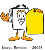 #26096 Clip Art Graphic Of A White Copy And Print Paper Cartoon Character Holding A Yellow Sales Price Tag