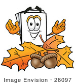 #26097 Clip Art Graphic Of A White Copy And Print Paper Cartoon Character With Autumn Leaves And Acorns In The Fall