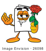 #26098 Clip Art Graphic Of A White Copy And Print Paper Cartoon Character Holding A Red Rose On Valentines Day