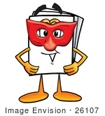 #26107 Clip Art Graphic Of A White Copy And Print Paper Cartoon Character Wearing A Red Mask Over His Face