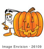 #26109 Clip Art Graphic Of A White Copy And Print Paper Cartoon Character With A Carved Halloween Pumpkin