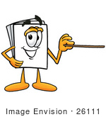 #26111 Clip Art Graphic Of A White Copy And Print Paper Cartoon Character Holding A Pointer Stick