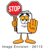 #26113 Clip Art Graphic Of A White Copy And Print Paper Cartoon Character Holding A Stop Sign
