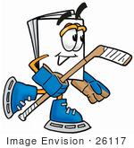 #26117 Clip Art Graphic Of A White Copy And Print Paper Cartoon Character Playing Ice Hockey