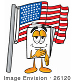#26120 Clip Art Graphic Of A White Copy And Print Paper Cartoon Character Pledging Allegiance To An American Flag