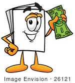 #26121 Clip Art Graphic Of A White Copy And Print Paper Cartoon Character Holding A Dollar Bill
