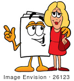 #26123 Clip Art Graphic Of A White Copy And Print Paper Cartoon Character Talking To A Pretty Blond Woman