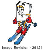 #26124 Clip Art Graphic Of A White Copy And Print Paper Cartoon Character Skiing Downhill