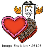 #26126 Clip Art Graphic Of A White Copy And Print Paper Cartoon Character With An Open Box Of Valentines Day Chocolate Candies