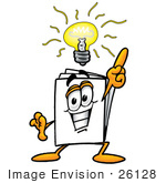 #26128 Clip Art Graphic Of A White Copy And Print Paper Cartoon Character With A Bright Idea