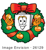 #26129 Clip Art Graphic Of A White Copy And Print Paper Cartoon Character In The Center Of A Christmas Wreath