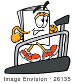 #26135 Clip Art Graphic Of A White Copy And Print Paper Cartoon Character Walking On A Treadmill In A Fitness Gym