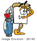 #26140 Clip Art Graphic Of A White Copy And Print Paper Cartoon Character Swinging His Golf Club While Golfing