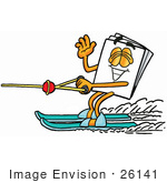#26141 Clip Art Graphic Of A White Copy And Print Paper Cartoon Character Waving While Water Skiing