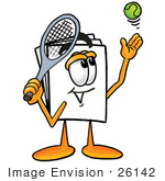 #26142 Clip Art Graphic Of A White Copy And Print Paper Cartoon Character Preparing To Hit A Tennis Ball