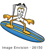 #26150 Clip Art Graphic Of A White Copy And Print Paper Cartoon Character Surfing On A Blue And Yellow Surfboard