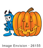 #26155 Clip Art Graphic Of A Blue Waterdrop Or Tear Character With A Carved Halloween Pumpkin