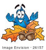 #26157 Clip Art Graphic Of A Blue Waterdrop Or Tear Character With Autumn Leaves And Acorns In The Fall