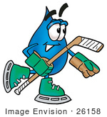 #26158 Clip Art Graphic Of A Blue Waterdrop Or Tear Character Playing Ice Hockey