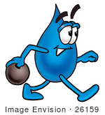 #26159 Clip Art Graphic Of A Blue Waterdrop Or Tear Character Holding A Bowling Ball