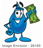 #26160 Clip Art Graphic Of A Blue Waterdrop Or Tear Character Holding A Dollar Bill