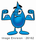 #26162 Clip Art Graphic Of A Blue Waterdrop Or Tear Character Flexing His Arm Muscles
