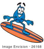 #26168 Clip Art Graphic Of A Blue Waterdrop Or Tear Character Surfing On A Blue And Orange Surfboard