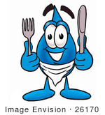 #26170 Clip Art Graphic Of A Blue Waterdrop Or Tear Character Holding A Knife And Fork