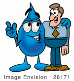 #26171 Clip Art Graphic Of A Blue Waterdrop Or Tear Character Talking To A Business Man