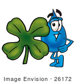 #26172 Clip Art Graphic Of A Blue Waterdrop Or Tear Character With A Green Four Leaf Clover On St Paddy’S Or St Patricks Day