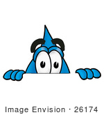 #26174 Clip Art Graphic Of A Blue Waterdrop Or Tear Character Peeking Over A Surface
