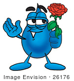 #26176 Clip Art Graphic Of A Blue Waterdrop Or Tear Character Holding A Red Rose On Valentines Day