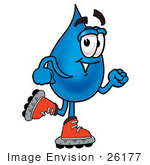 #26177 Clip Art Graphic Of A Blue Waterdrop Or Tear Character Roller Blading On Inline Skates