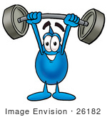 #26182 Clip Art Graphic Of A Blue Waterdrop Or Tear Character Holding A Heavy Barbell Above His Head