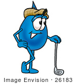 #26183 Clip Art Graphic Of A Blue Waterdrop Or Tear Character Leaning On A Golf Club While Golfing