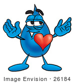 #26184 Clip Art Graphic Of A Blue Waterdrop Or Tear Character With His Heart Beating Out Of His Chest