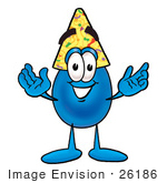 #26186 Clip Art Graphic Of A Blue Waterdrop Or Tear Character Wearing A Birthday Party Hat