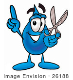 #26188 Clip Art Graphic Of A Blue Waterdrop Or Tear Character Holding A Pair Of Scissors